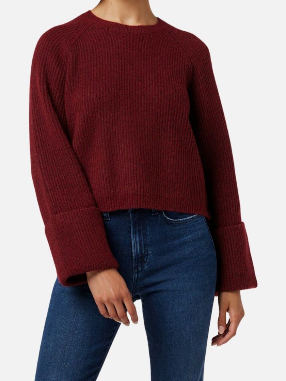 Joe's Jeans Women's Red Wool Rib-Knit Crewneck Folded Cuff Rey Sweater Size XS
